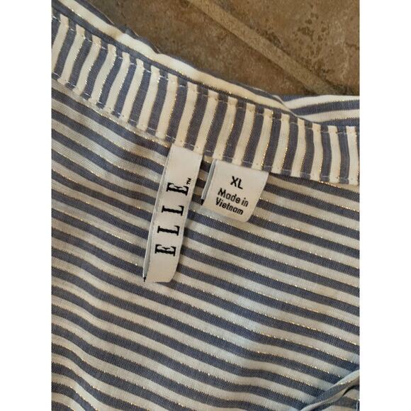 Elle XL Sheer Blue White Stripe Collar Pullover Tank Top Gold Thread Zip Side - Picture 3 of 9